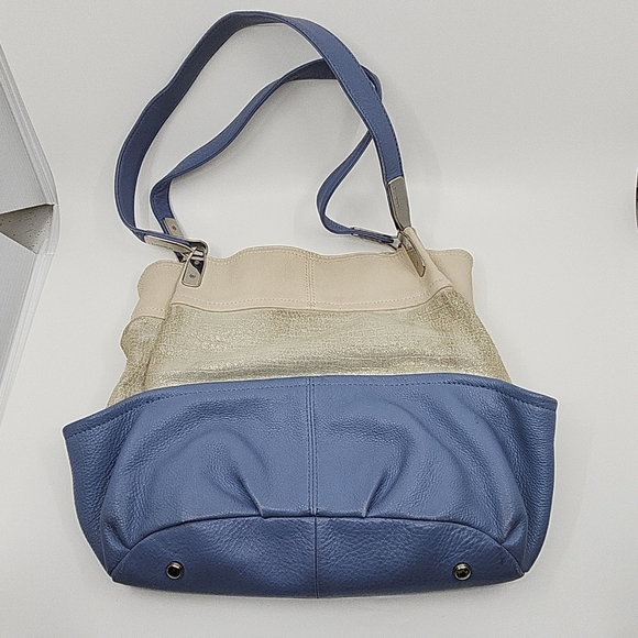 B Makowsky Silver Metallic Baby Blue Colorblock Leather Double Handle Shoulder B - Picture 14 of 16